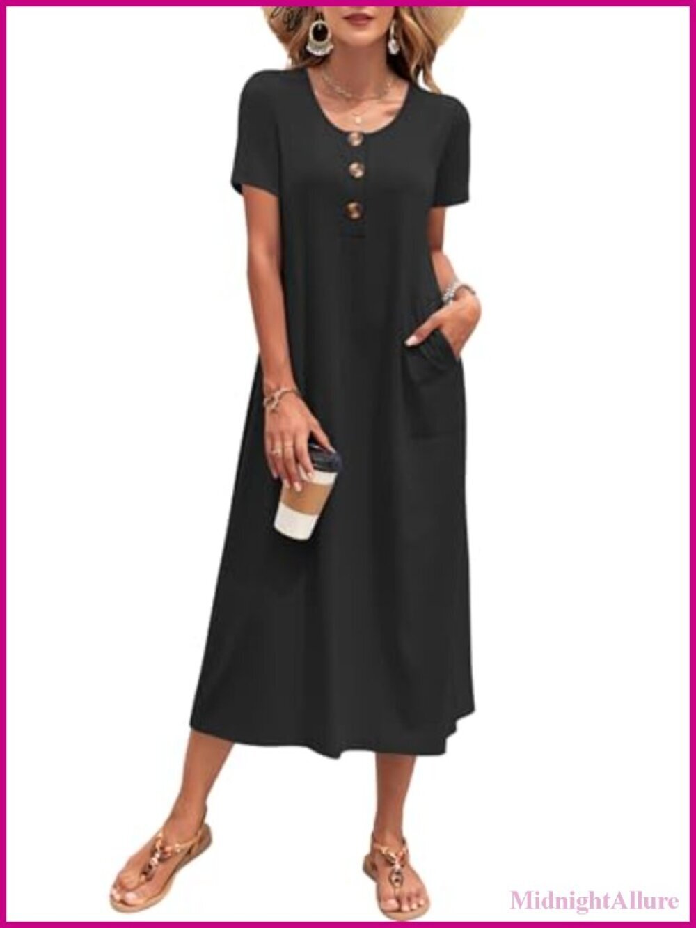 Loose Button Front Midi Sundress with Pockets Short Sleeve Beach Vacation Dress